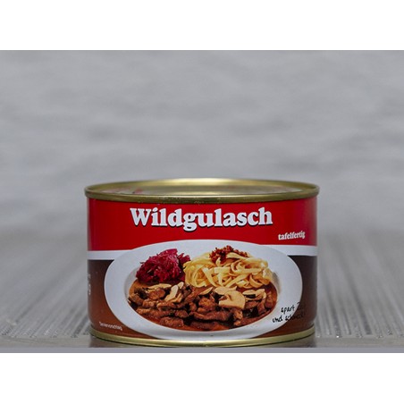 Wildgulasch Spezialität aus Hirsch- und Rehfleisch mit Rotwein verfeinert, Tafelfertig. In der Dose